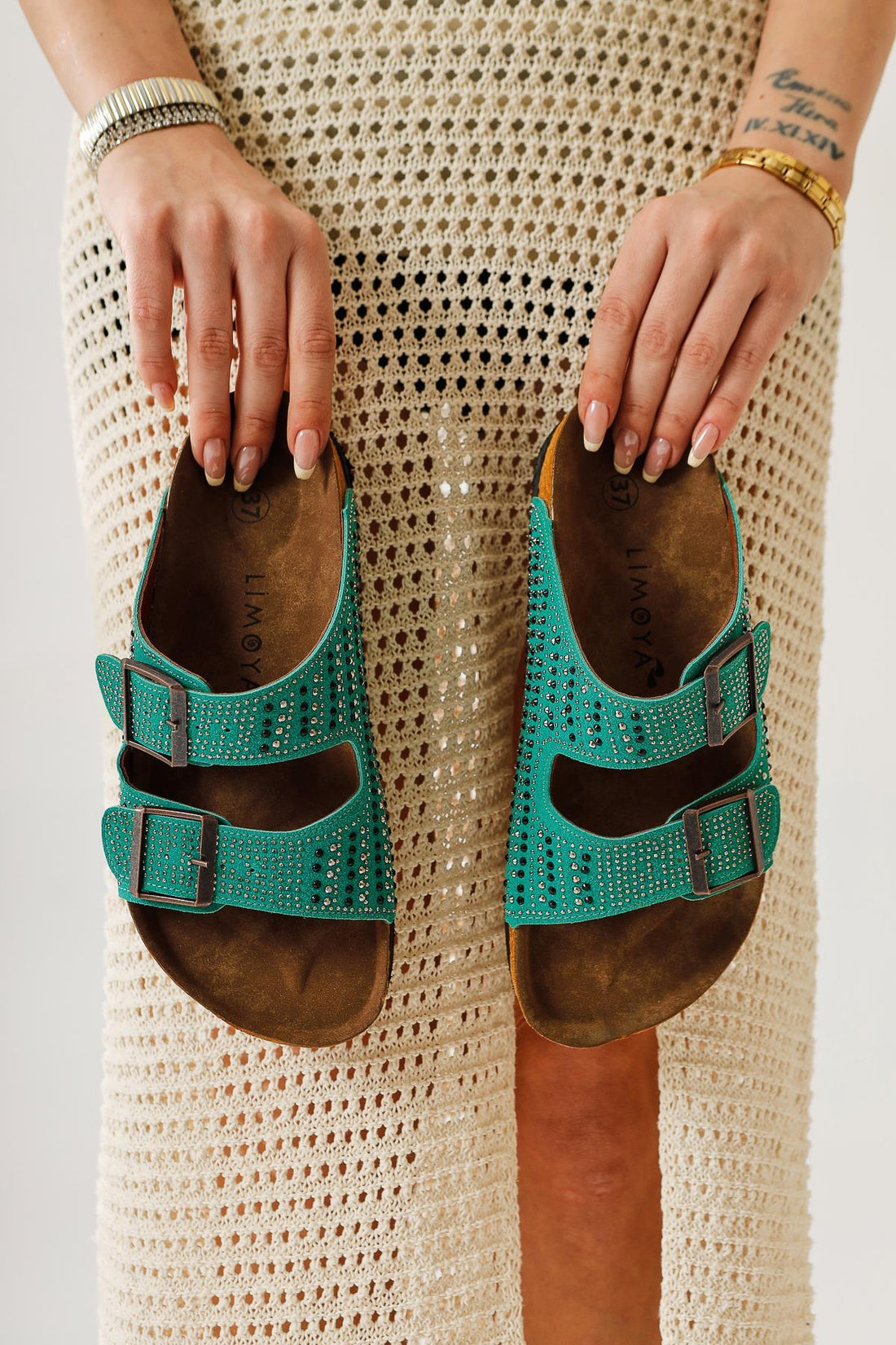 Aire Green Double Strap Stone Detailed Women’s Slippers
