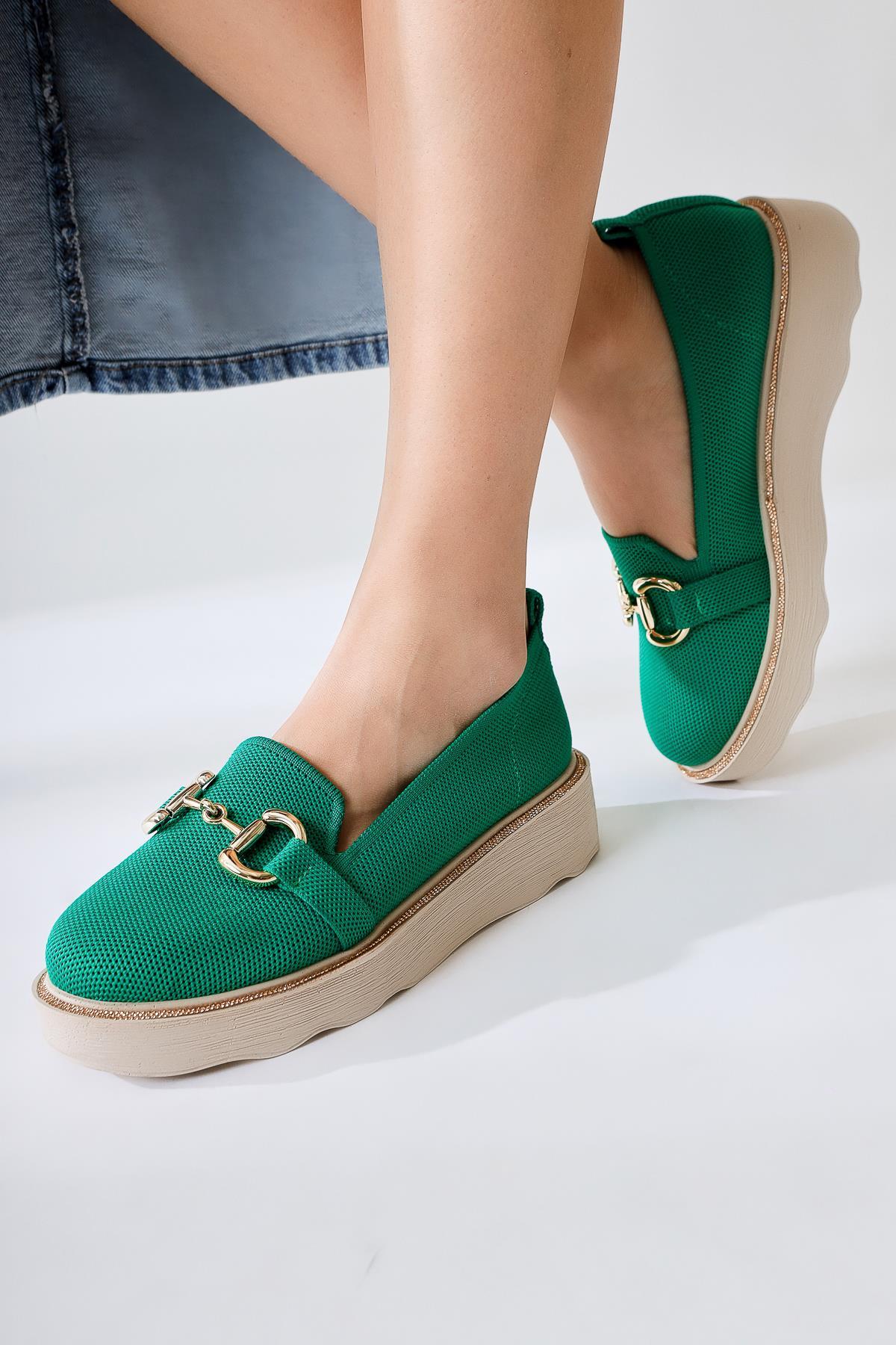 Thien – Green Perforated Textile Buckle-Detail Stone-Detail Casual Shoe (Women)