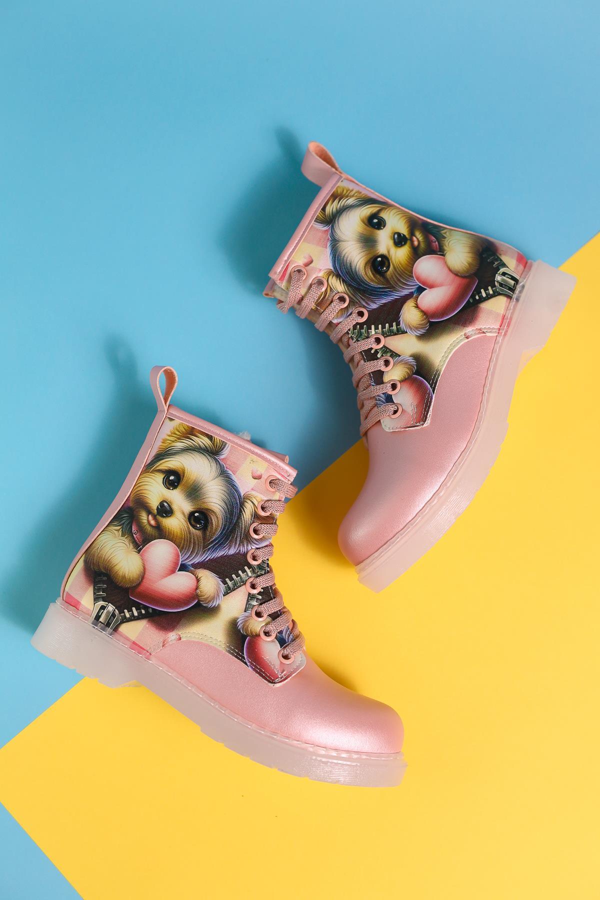 Elena Pink Cartoon Character Print Lace-Up Kids' Boots