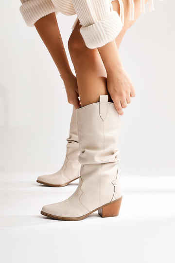 Lise-Britt – Beige Gusseted Embroidered Western Boot (Women)