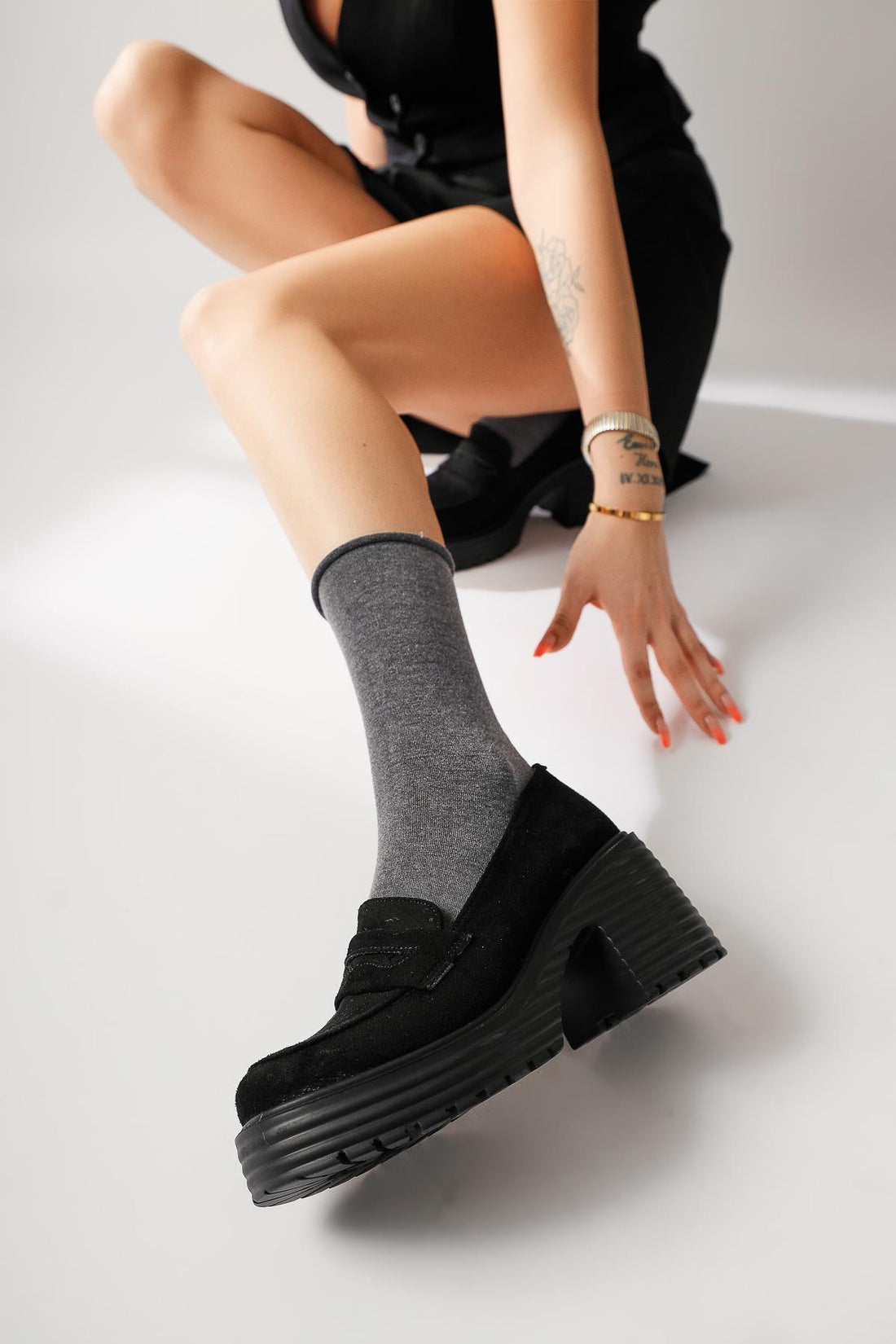 Alinne Black Suede Thick Sole Platform Moccasins