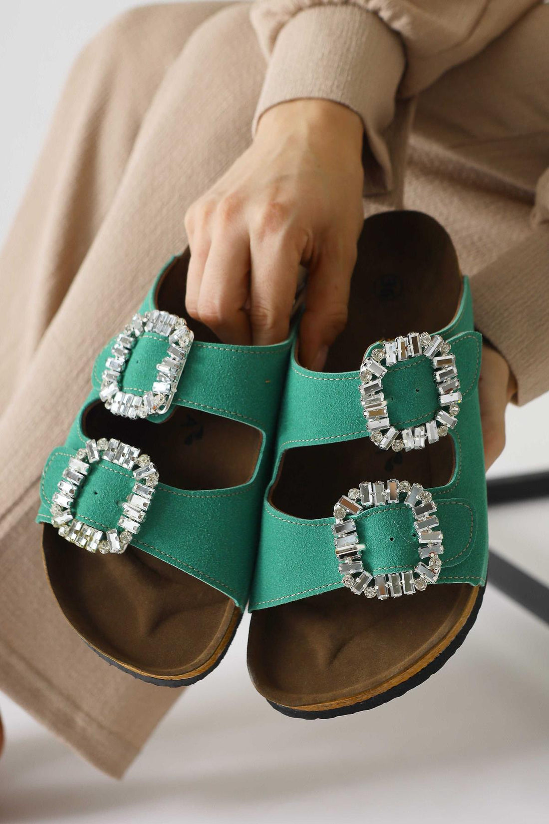 Brisa Green Suede Stone Detailed Buckled Double Strap Slippers