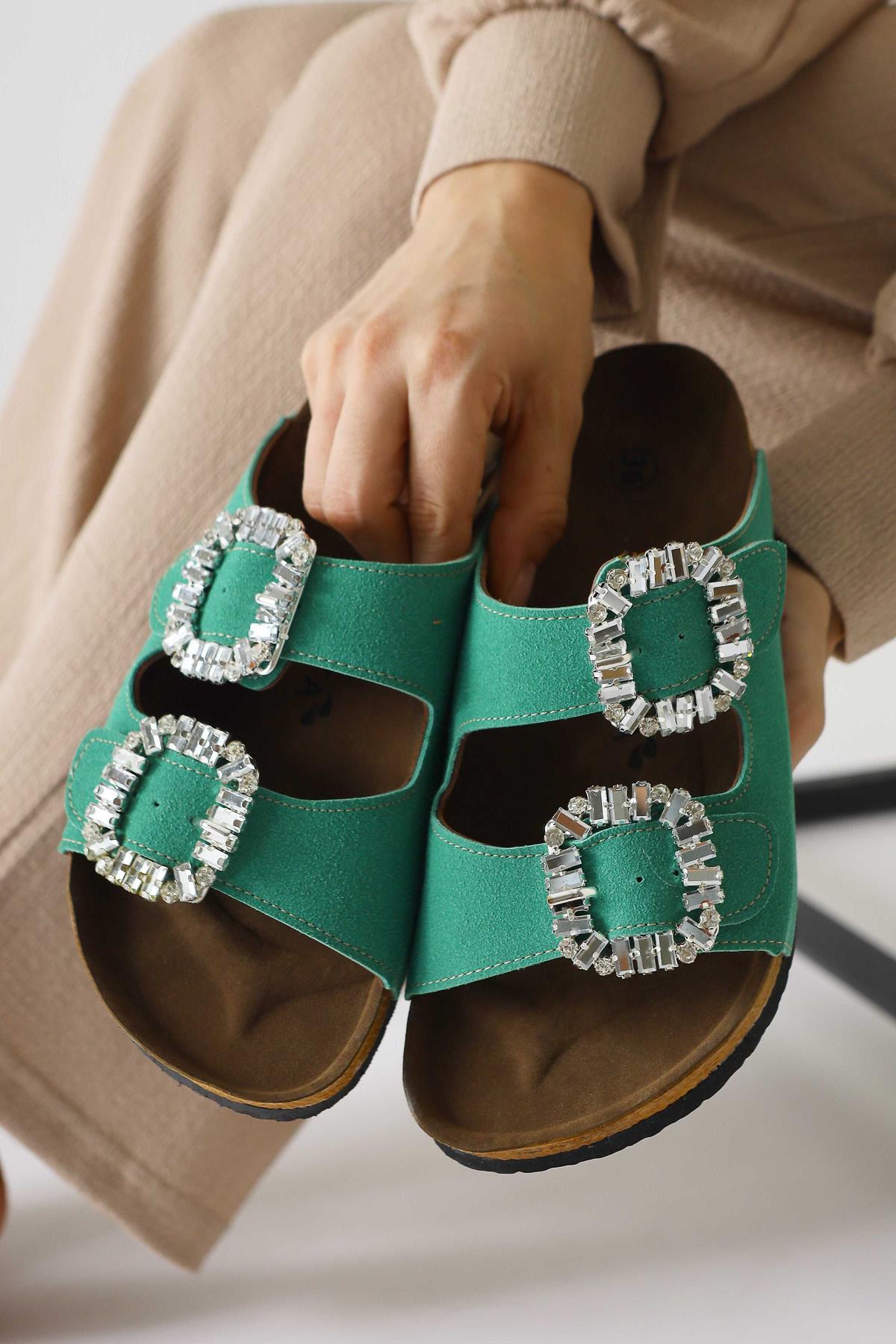 Brisa Green Suede Slippers with Stone Buckle and Double Strap Details