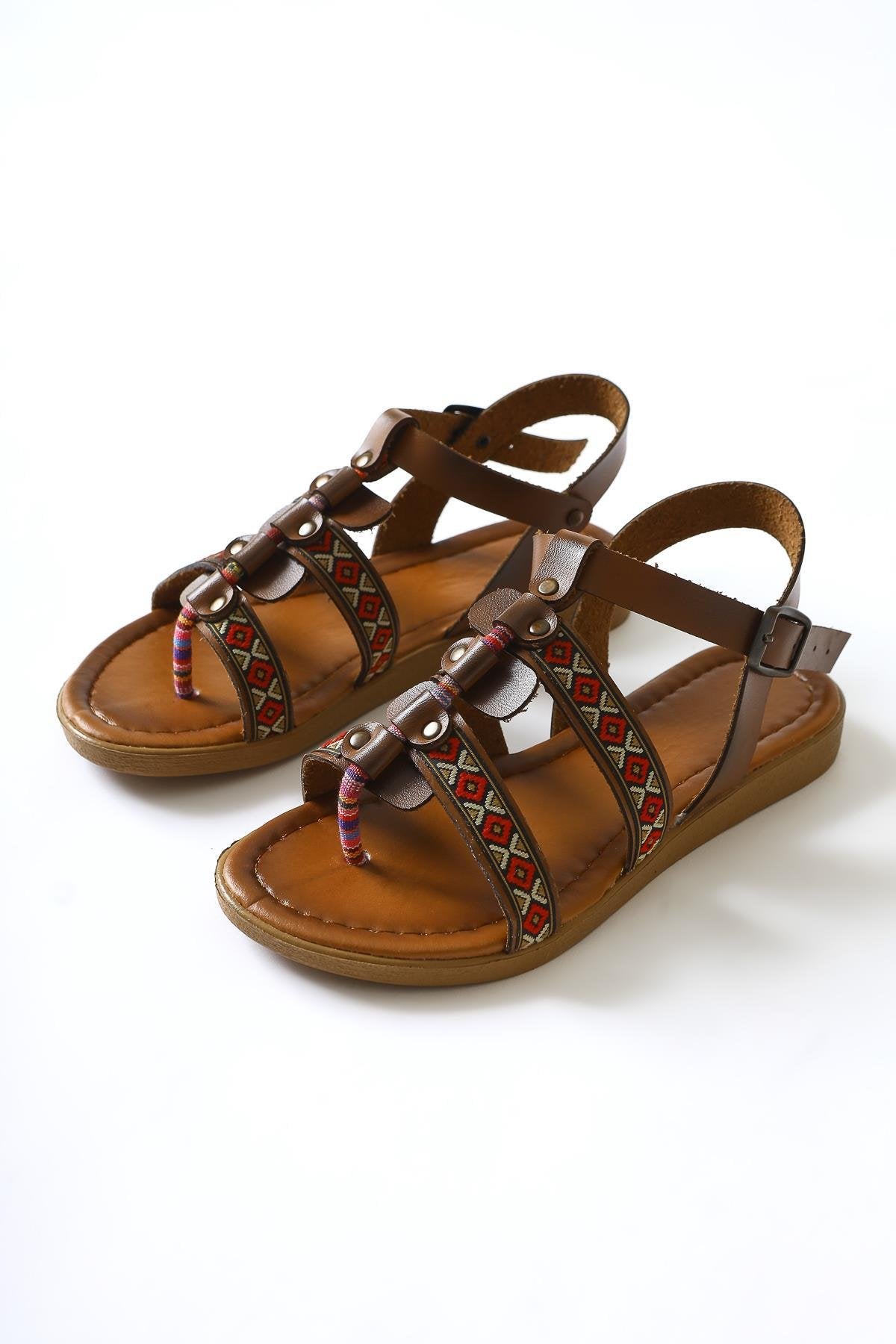 Heam Genuine Leather Ethnic Patterned Sandals in Taba