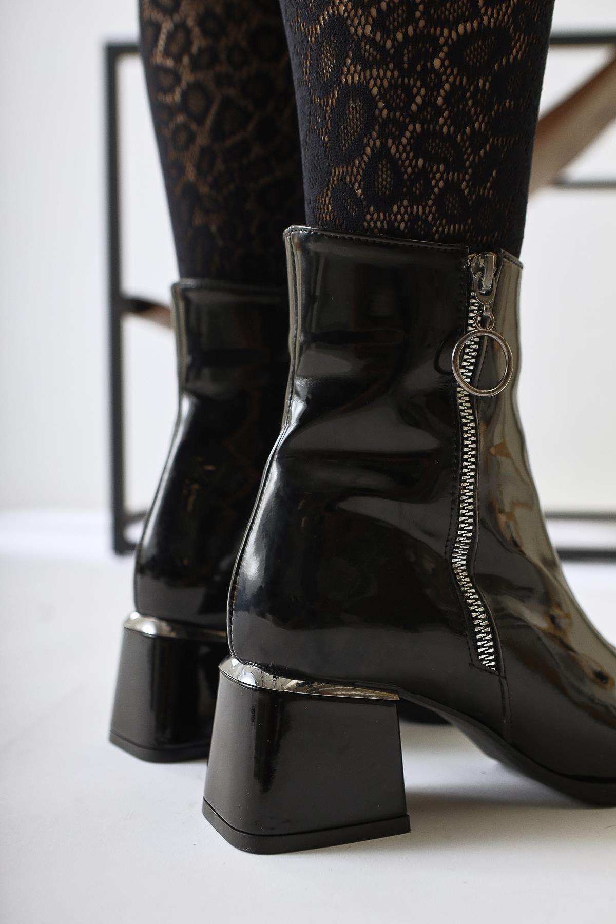 Deyana Black Patent Zipper Accessorized Boots