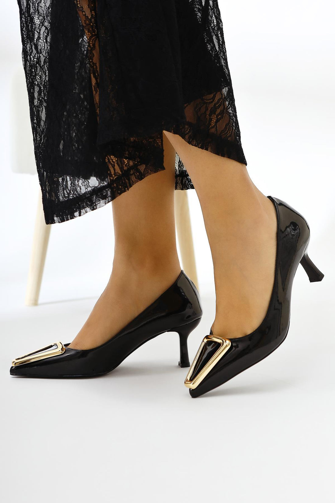 Carla Beige Patent Pointed Toe Buckle Detailed Women’s Heeled Shoes
