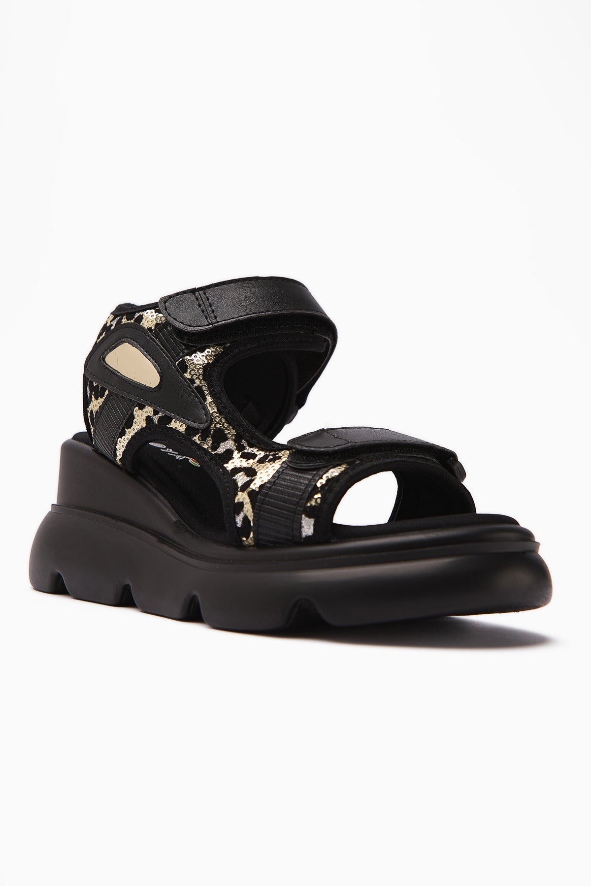 Anela – Black Wedge Velcro-Closure Sandal (Women)