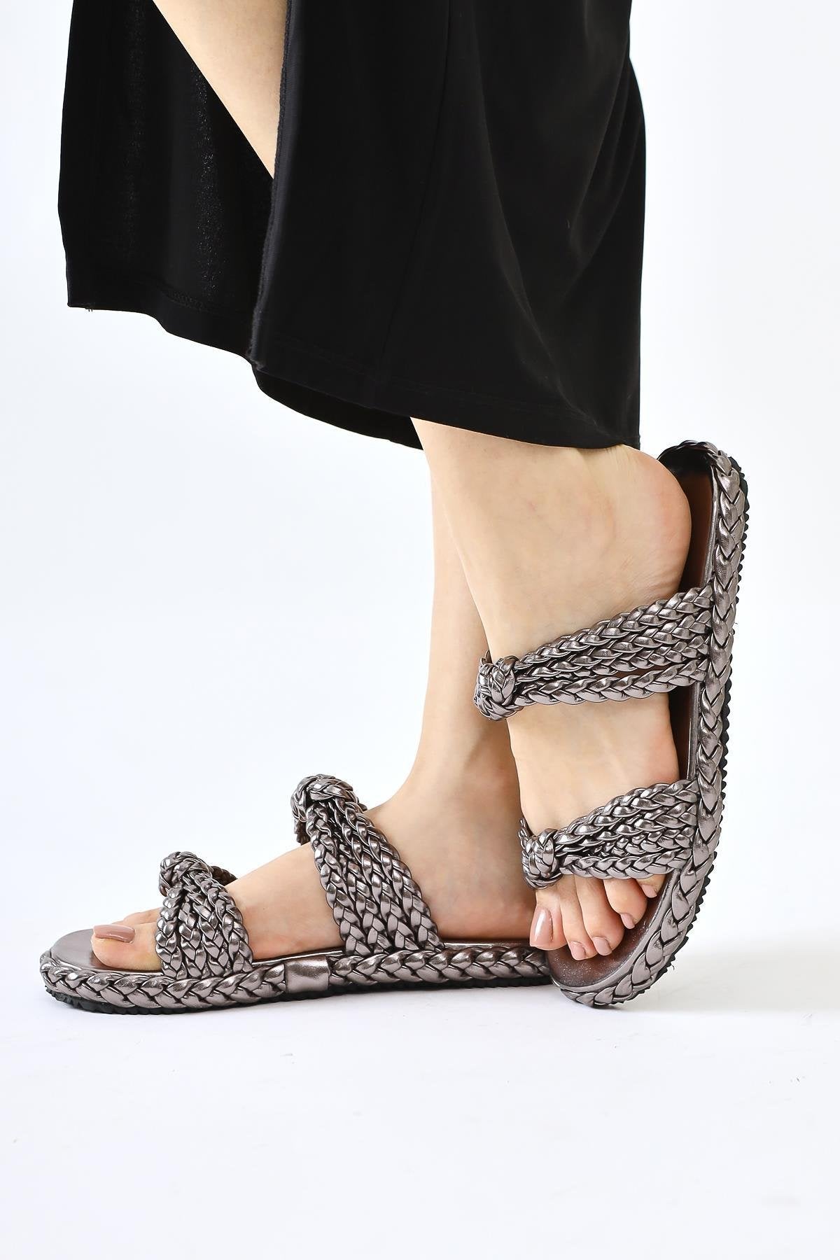 Nessa Platinum Patent Woven Strap Slippers