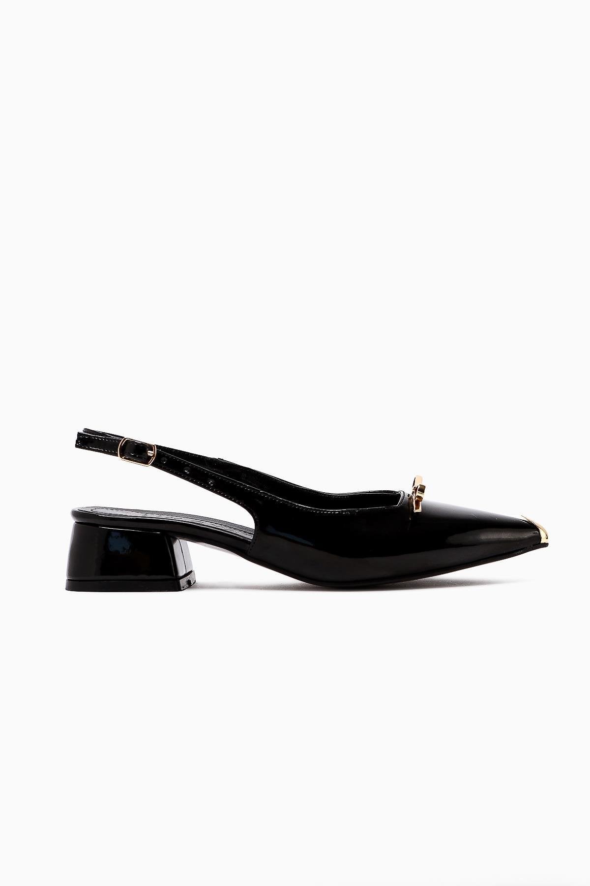 Noella Black Patent Pointed Toe Metallic Bow Short Heeled Women’s Shoes