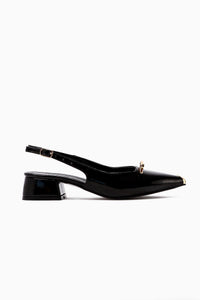 Noella Black Patent Pointed Toe Metallic Bow Short Heeled Women’s Shoes