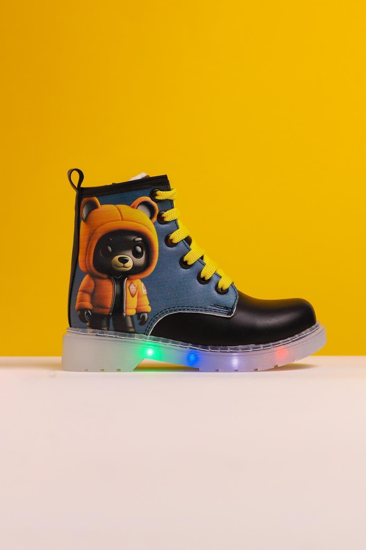 Lisha Black Striped Character Print Lace-Up Kids Boots