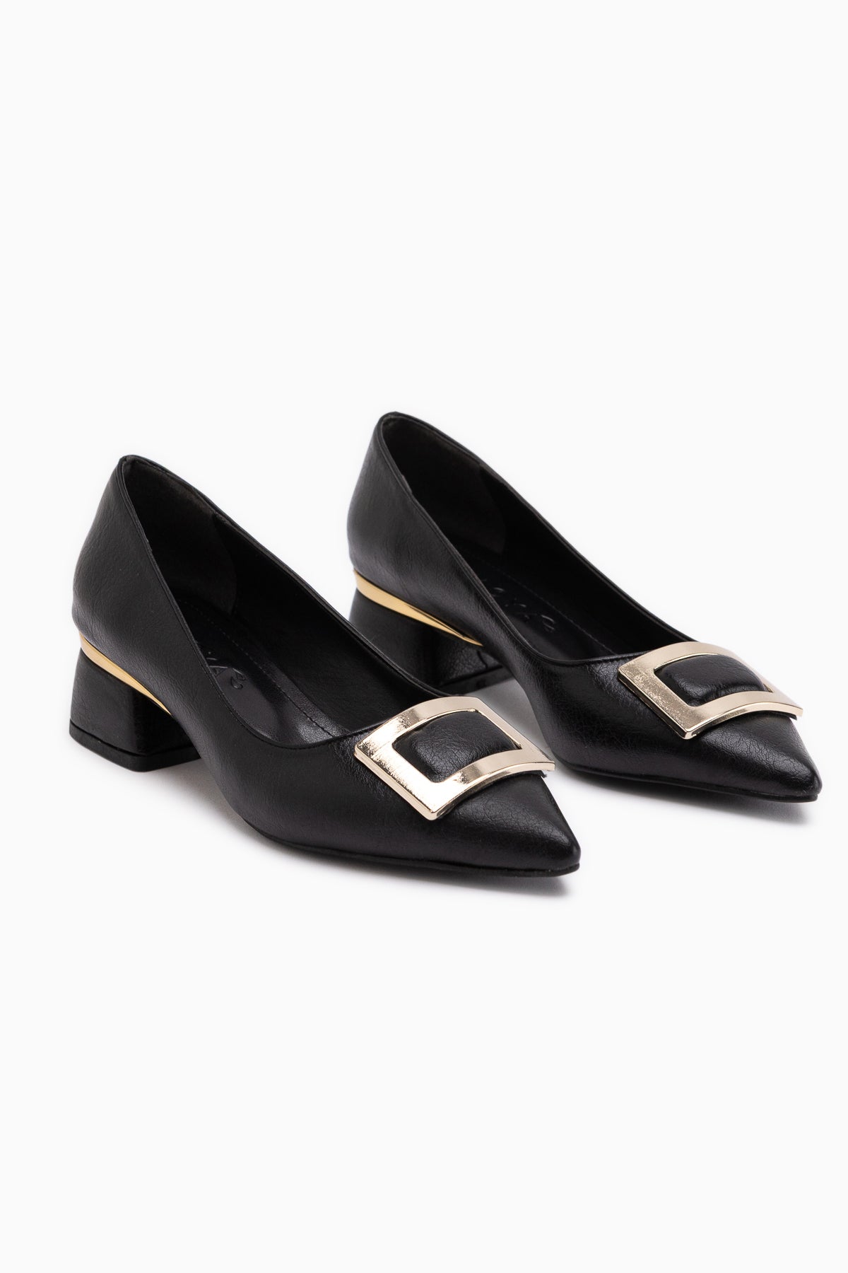 Charoline Black Buckled Short Heeled Pointed Toe Shoes