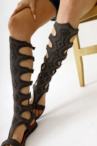 Medusa Genuine Leather Coffee Colored Stone Detailed Knee-High Gladiator Sandal