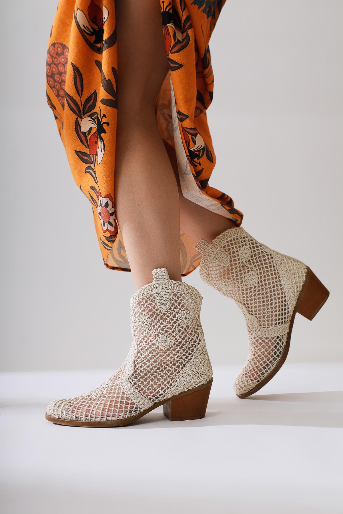 Tersa – Beige Short-Shaft Woven Lace Floral-Detail Cowboy Summer Boot (Women)