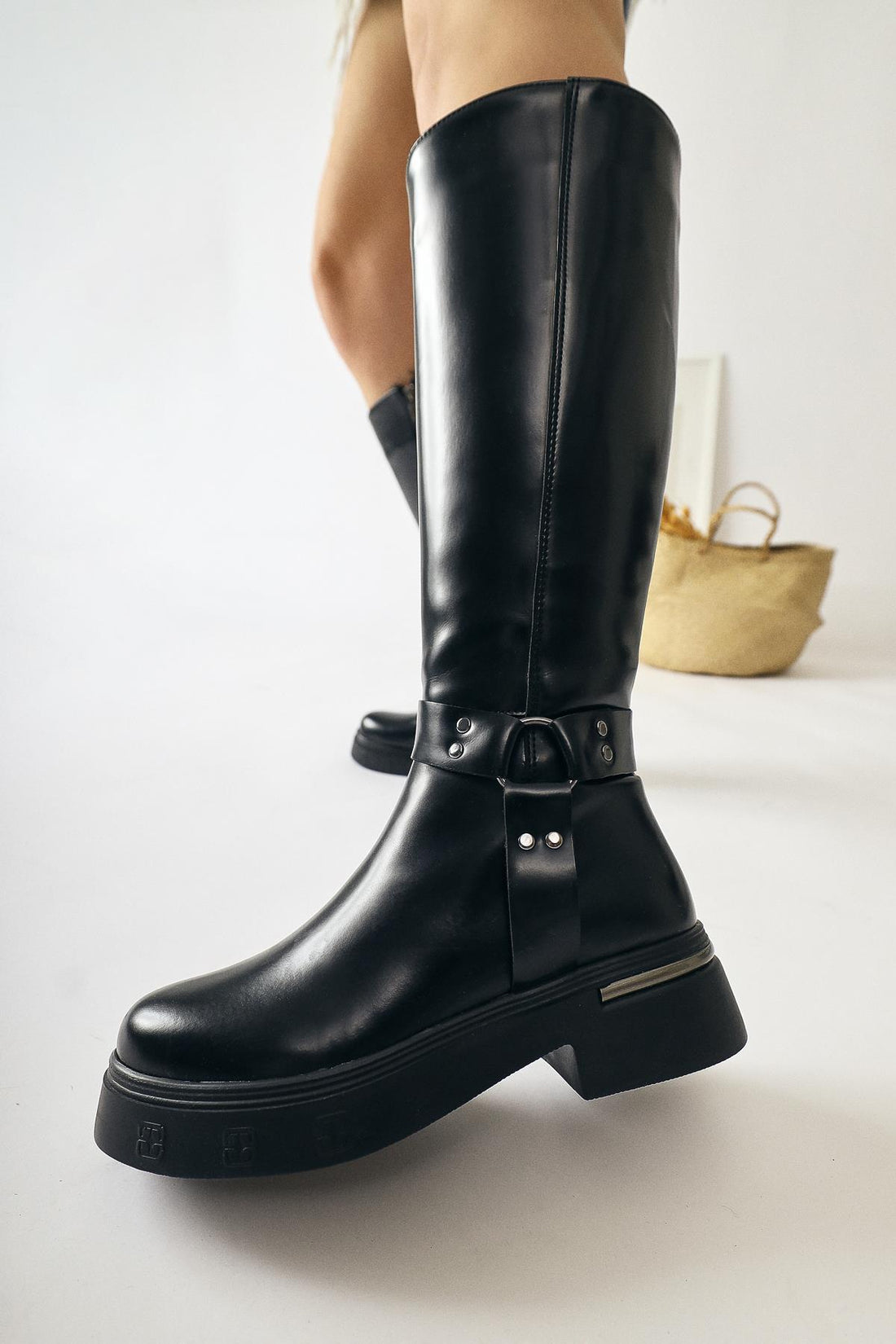 Lani Black Patent Leather Chunky Heeled Boots with Buckle and Stud Details