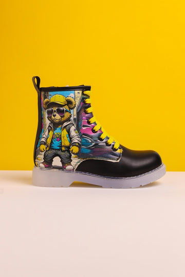Denis Black Striped Character Print Lace-Up Kids Boots