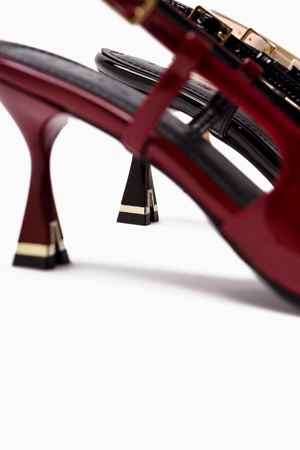 Seydi Burgundy Patent Buckled Closed Toe Women’s Heeled Shoes