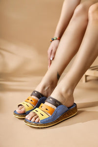 Joelle Genuine Leather Slides in Denim-Blue, Purple, Orange, and Mustard with Comfort Laser Cut Detail