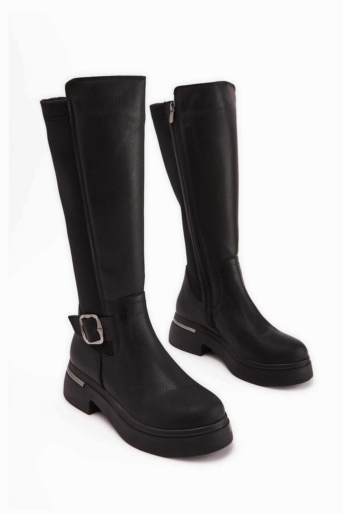 Faria Black Diving Fabric Detailed Buckled Thick Sole Boots