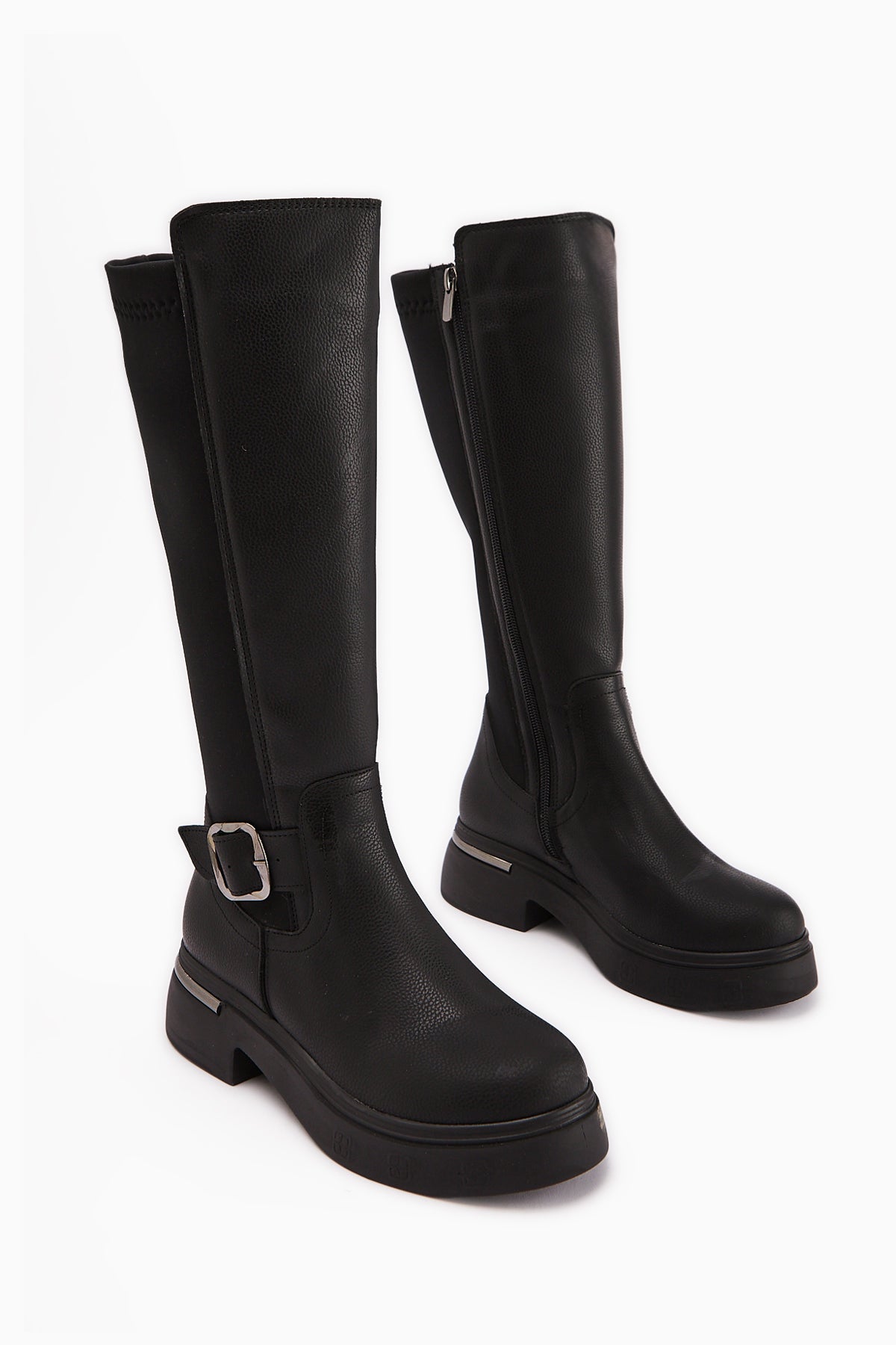 Faria Black Diving Fabric Detailed Buckled Thick Sole Boots