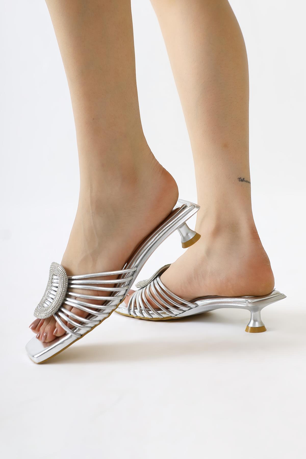 Katerin Silver Patent Leather Sandals with Stone Buckle Detail