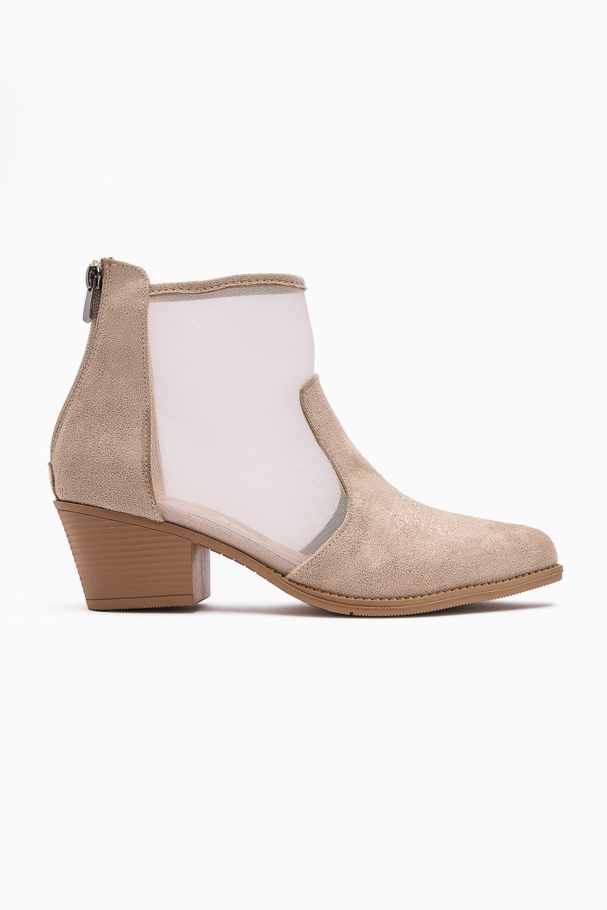 Mari Beige Suede Embroidered Chunky Heel Women's Western Summer Boot