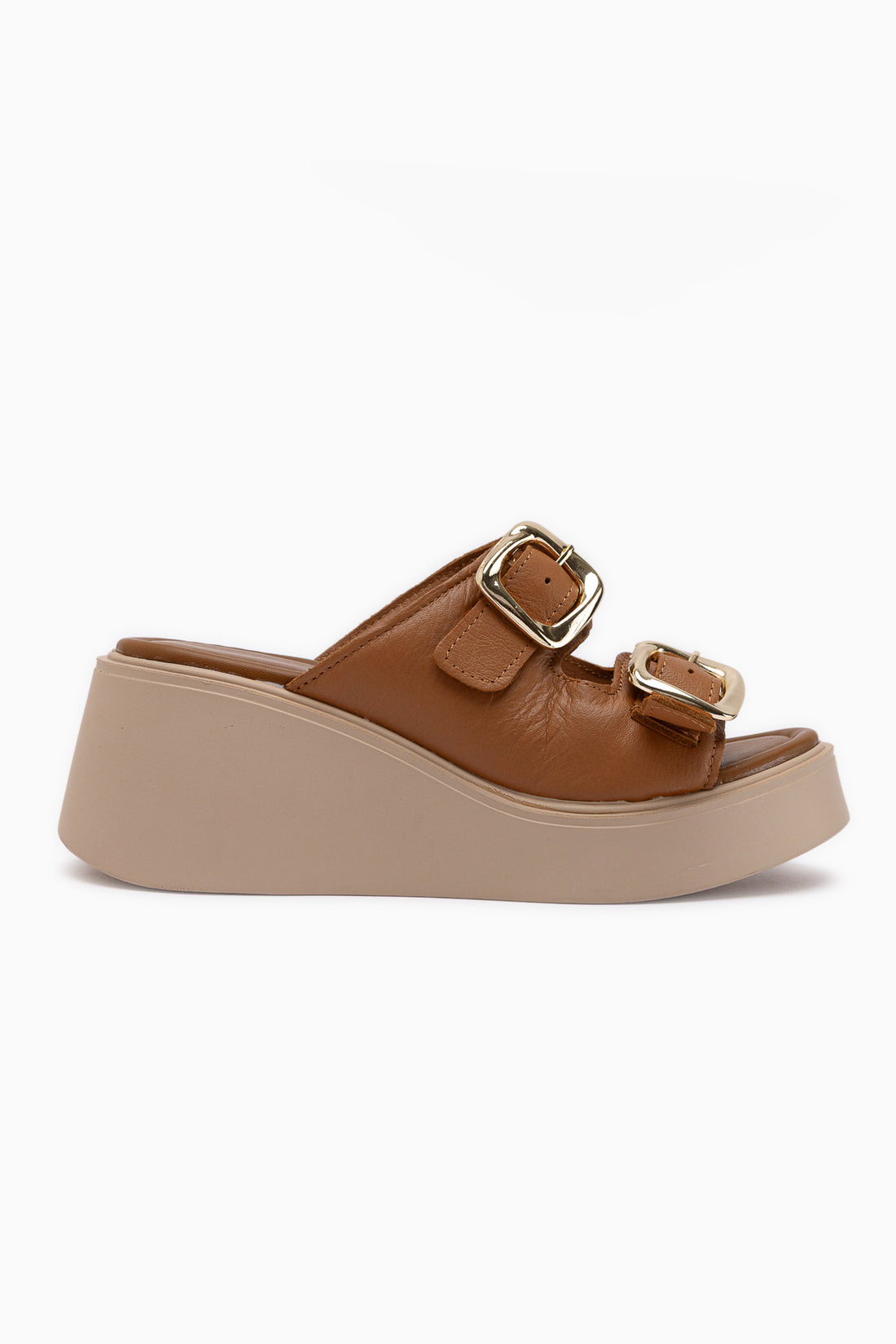 Luna Genuine Leather Tan Double Strap Platform Women’s Slipper