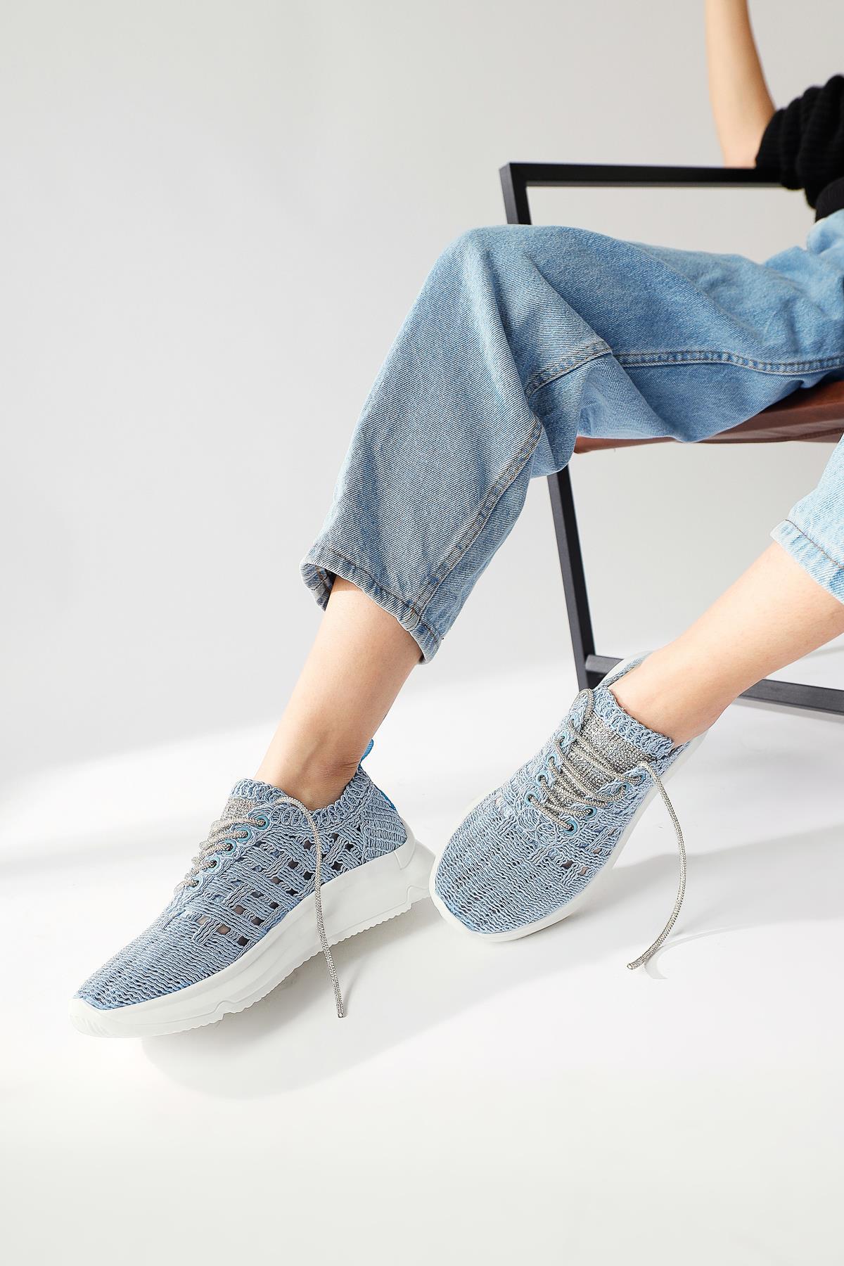 Melisia Blue Stone-Detailed Knit Sneakers