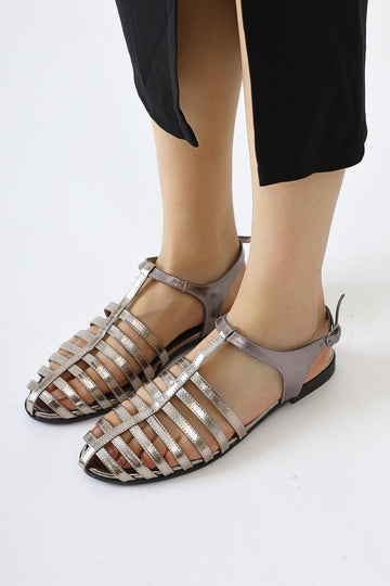 Zafu Platinum Patent Leather Thin Strap Flat Sandals