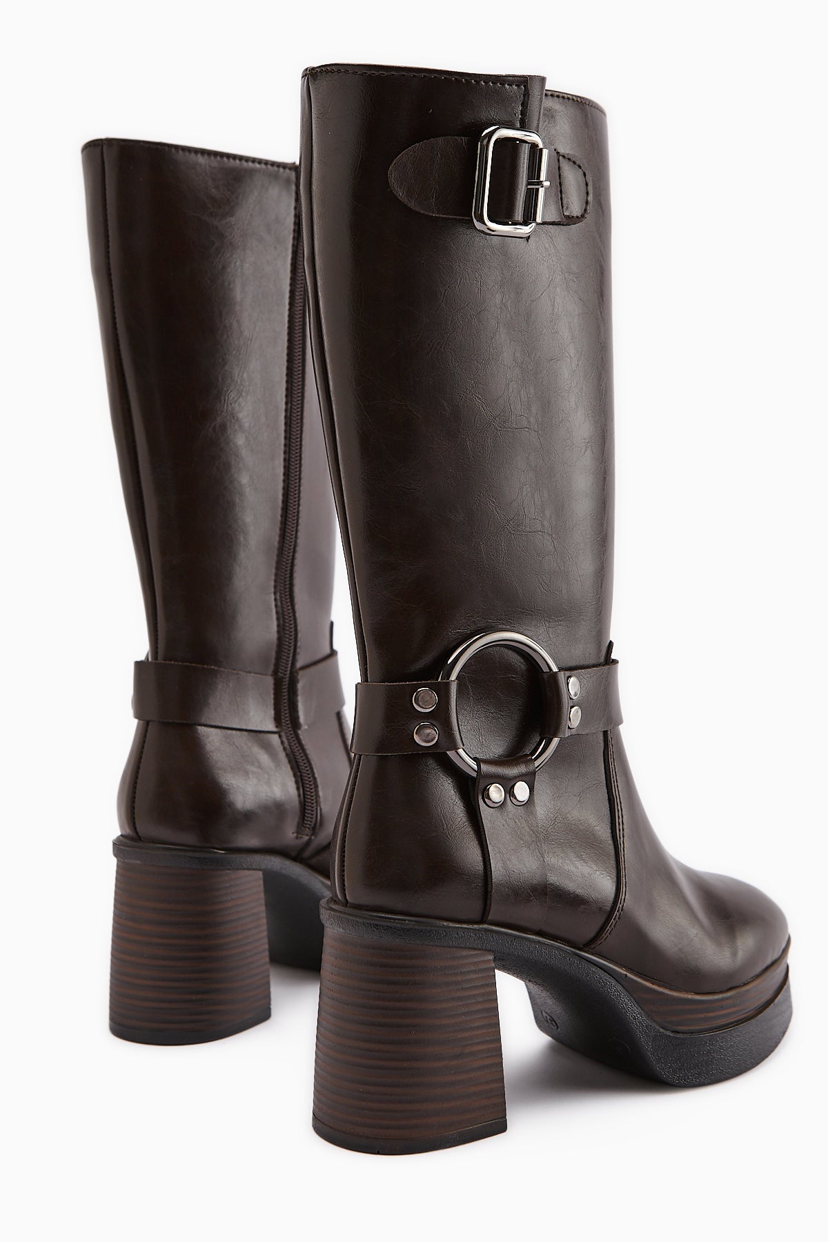 Beris – Brown Buckle-Detail Platform Knee-High Boot (Women)