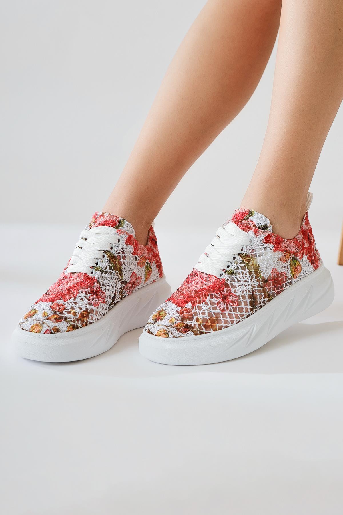 Biba Red Knit Pattern Printed Lace-Up Sneakers
