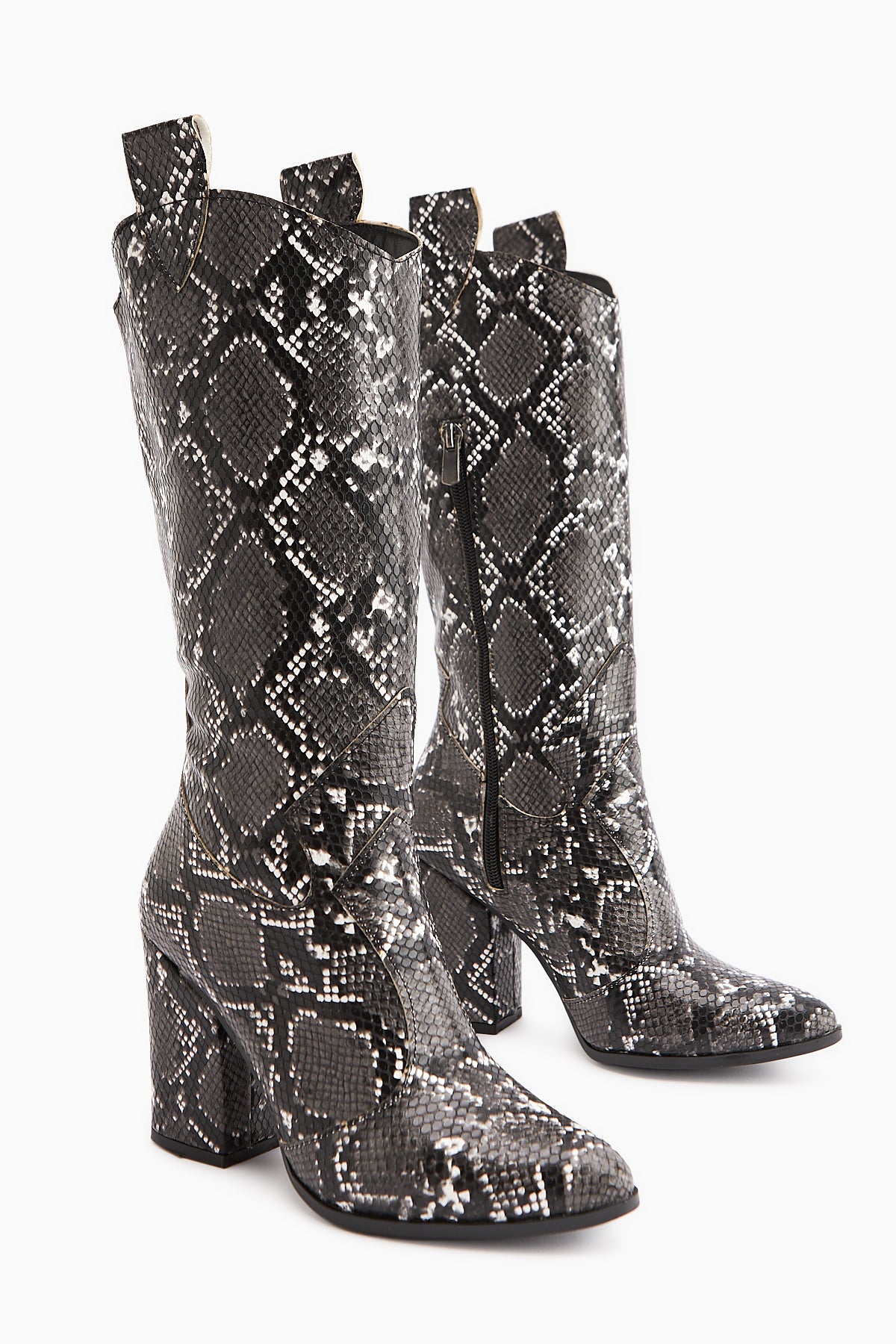 Keri Black Snake Pattern Asymmetrical Cut Women’s Short Heeled Boots