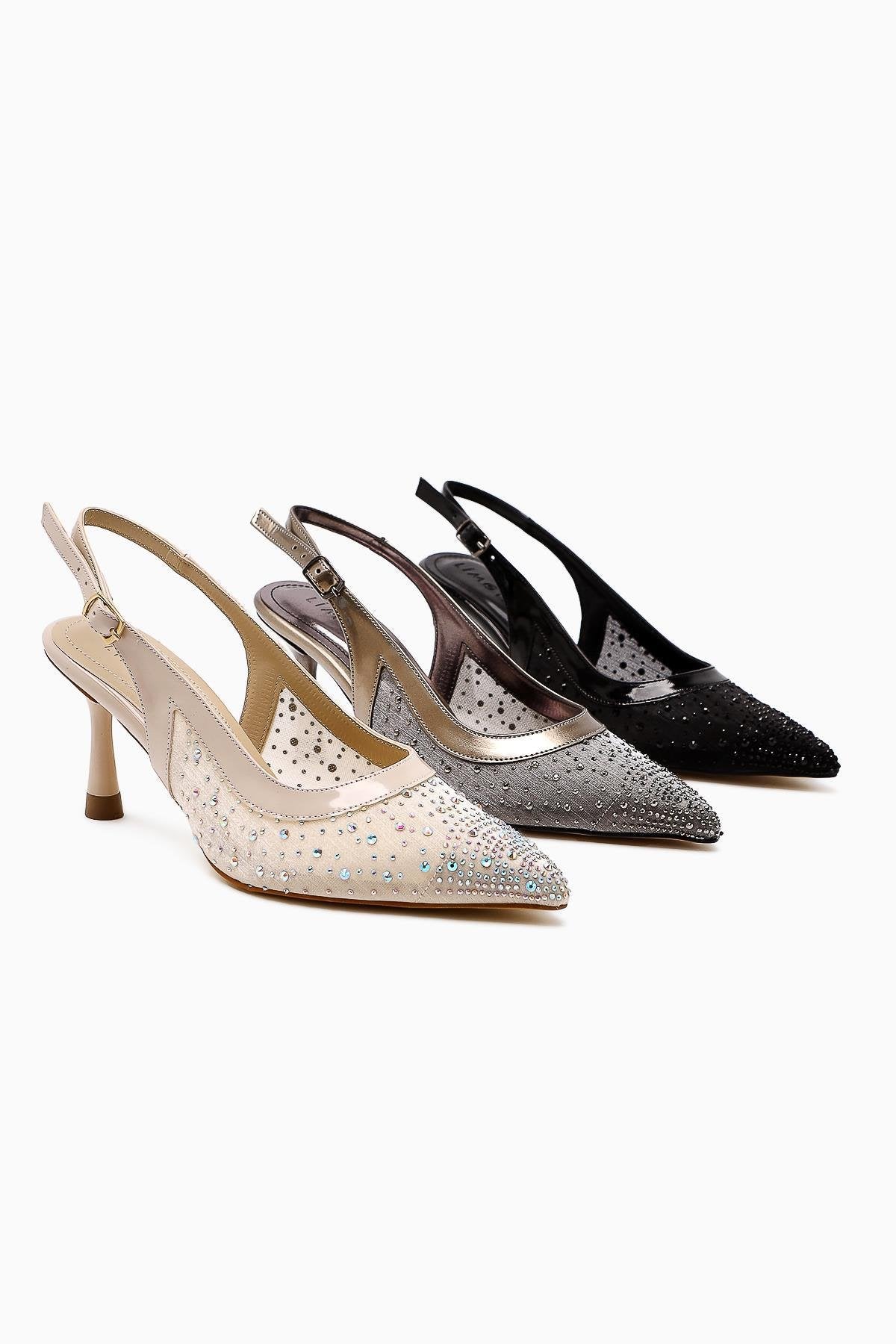 Kally – Beige Transparent Fabric, Stone-Detail Heeled Shoe (Women)