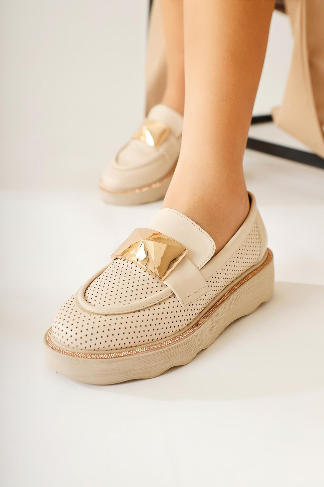 Khloe – Beige Buckle-Detail Perforated Loafer (Women)