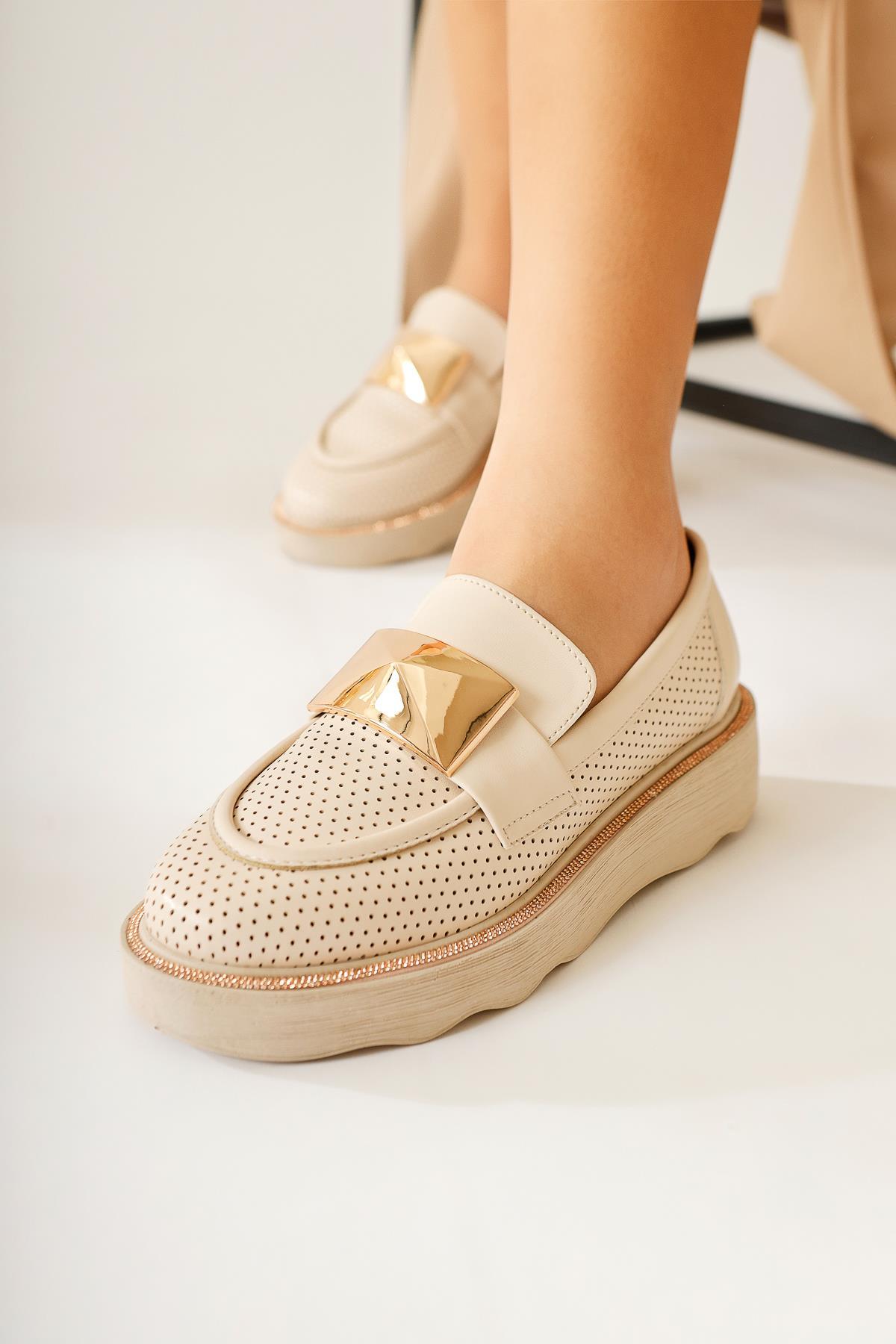 Khloe – Beige Buckle-Detail Perforated Loafer (Women)