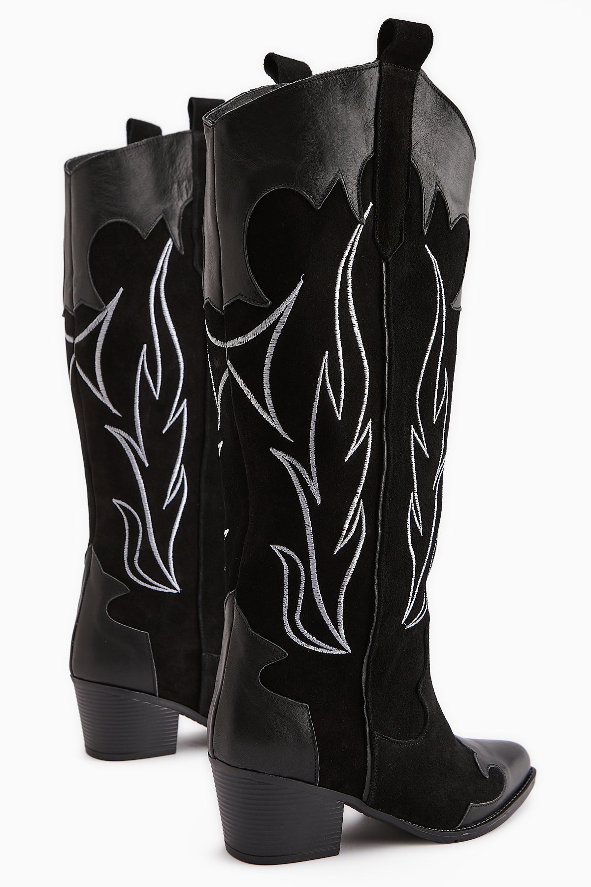 Lara Genuine Leather – Black Suede Embroidered Leather-Detail Heeled Western Knee-High Boot (Women)