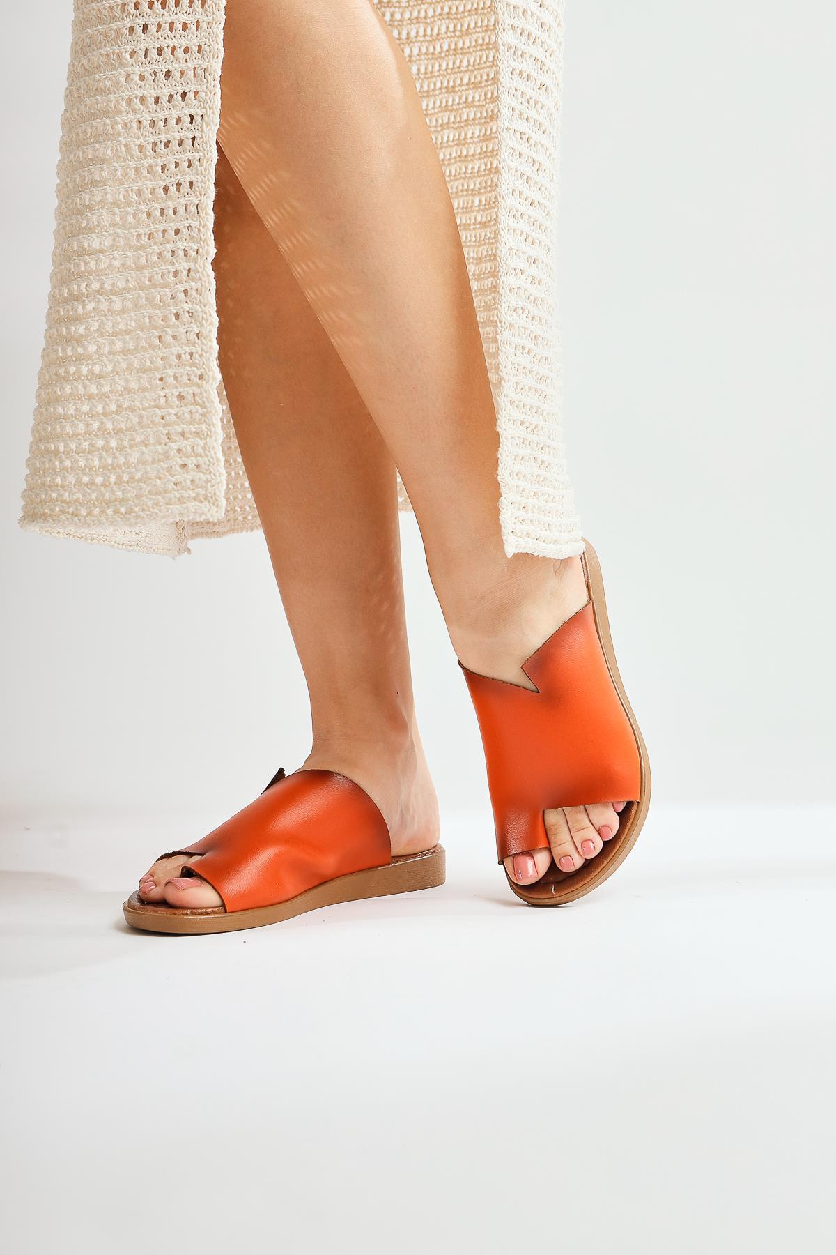 Nita – Genuine Leather Orange Mustard Asymmetrical-Cut Slide (Women)