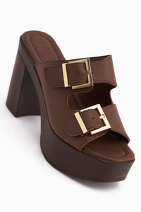 Leida Brown Buckled Platform Heeled Women’s Slippers