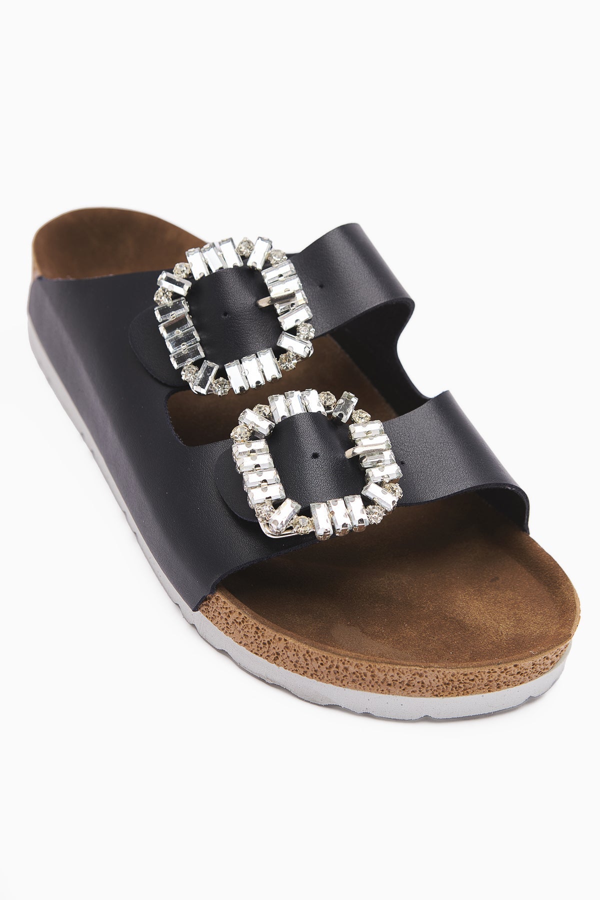 Brisa Navy Double Strap Embellished Buckle Detail Slippers