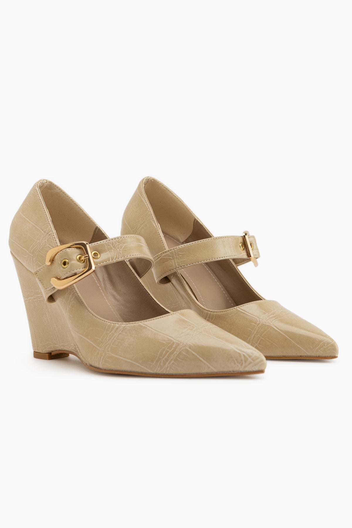 Jody Beige Buckle Detailed Pointed Toe Women’s Heeled Shoes