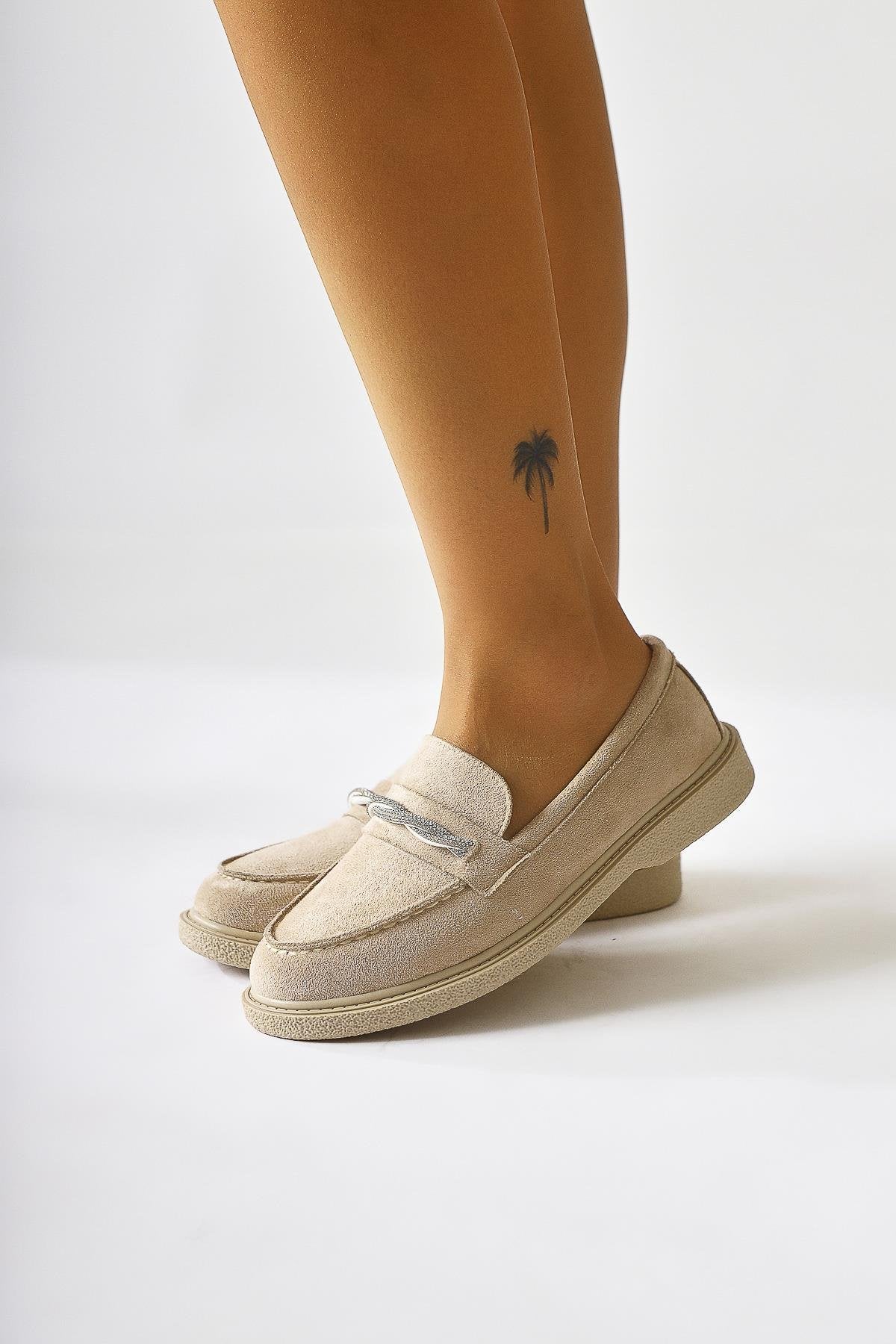 Herolinda Beige Suede Stone Embellished Buckle Detail Casual Shoes