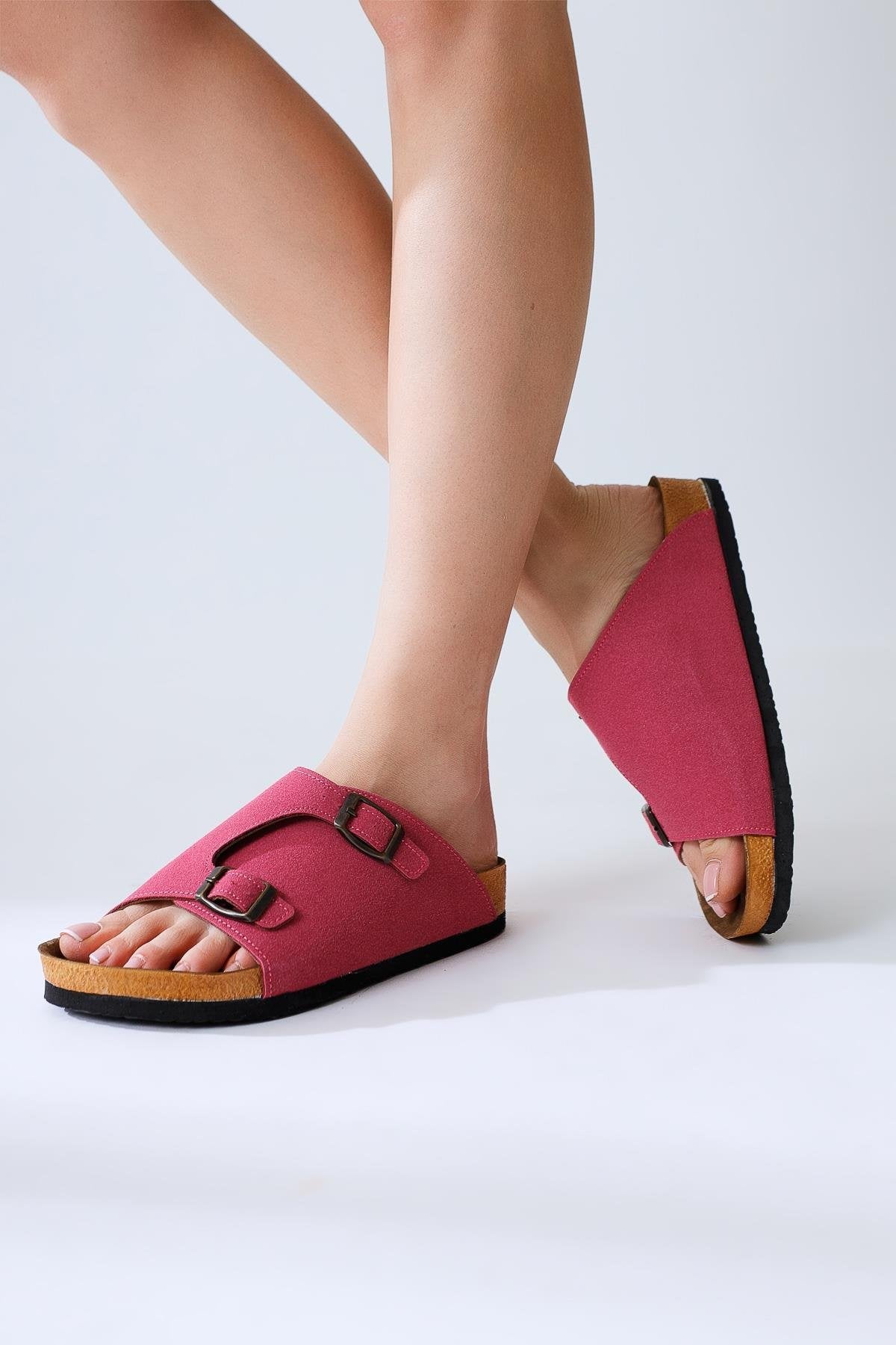 Christella Fuchsia Suede Slippers with Double Buckle Details