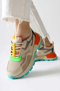 Netta Multi-Colored (Orange) Lace-Up Sneakers with Mesh Detail
