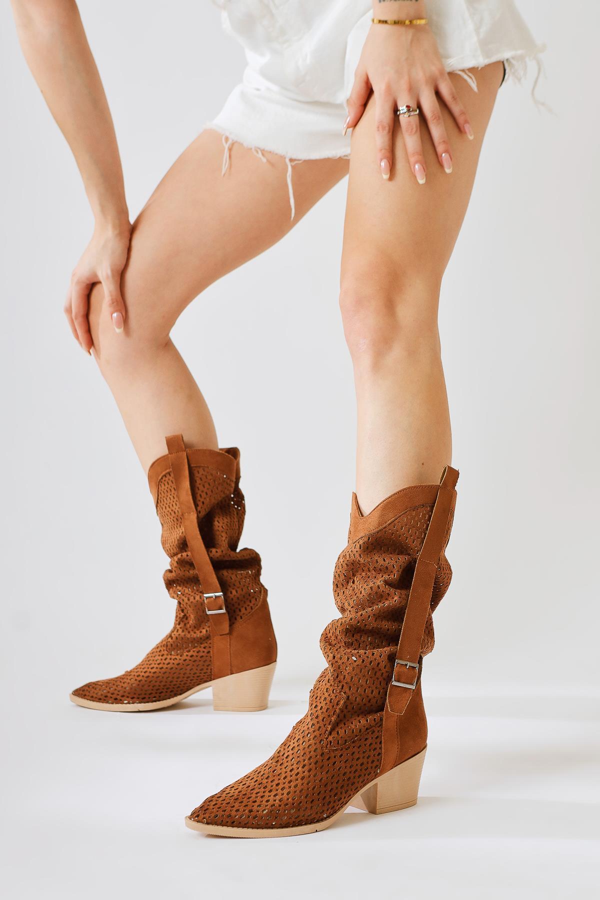Orietta Tan Suede Laser Cut Women’s Boots