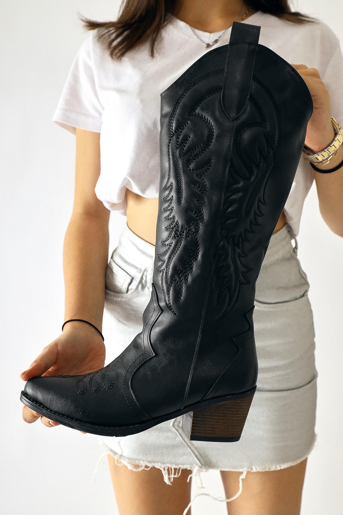 Florida – Black Embroidered-Detail Pointed-Toe Western Knee-High Boot (Women)