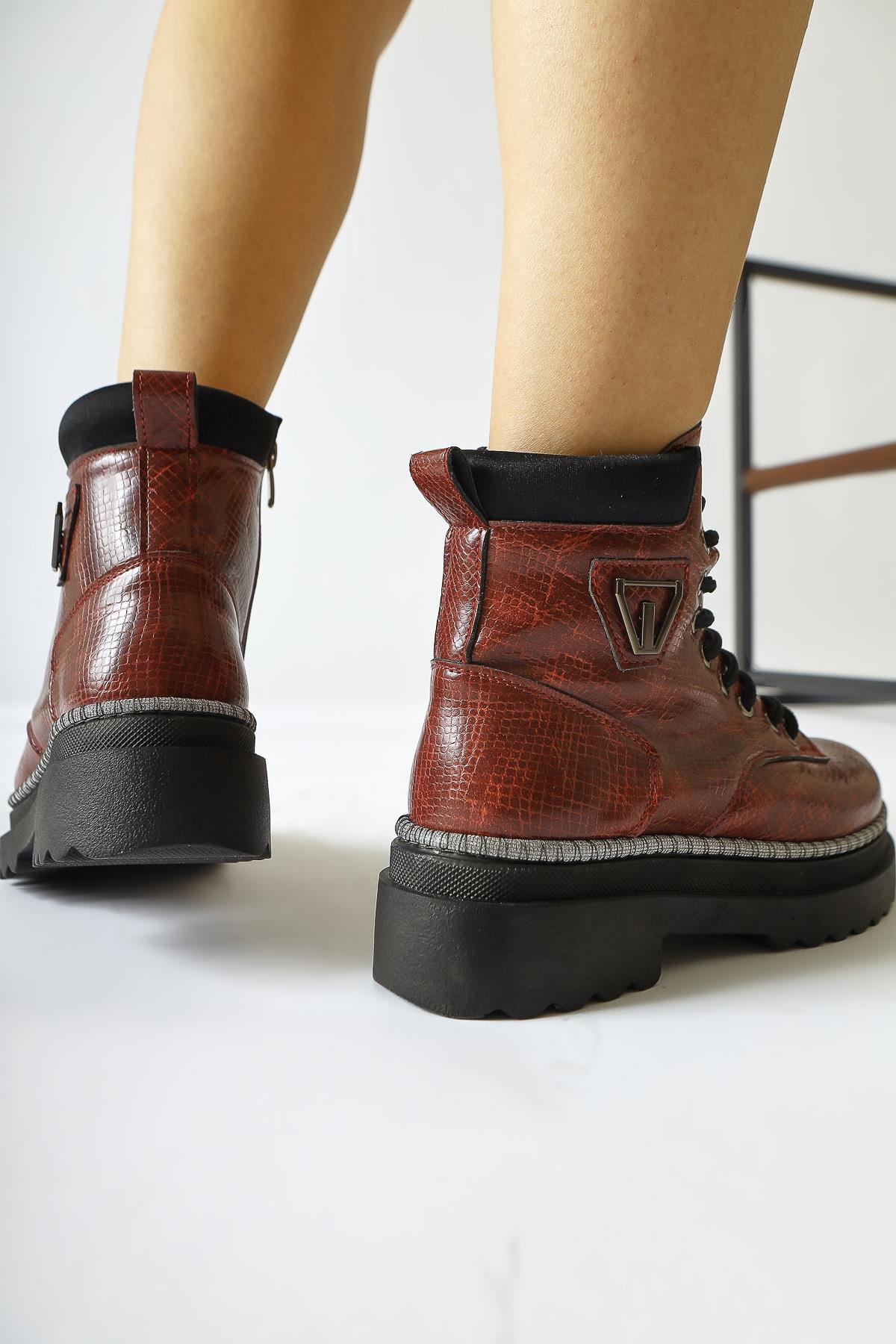 Amona Burgundy Shiny Stone Detailed Lace-Up Boot