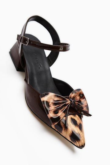 Silvia Coffee Ankle-Tie Leopard Bow-Tie Women's Sandal