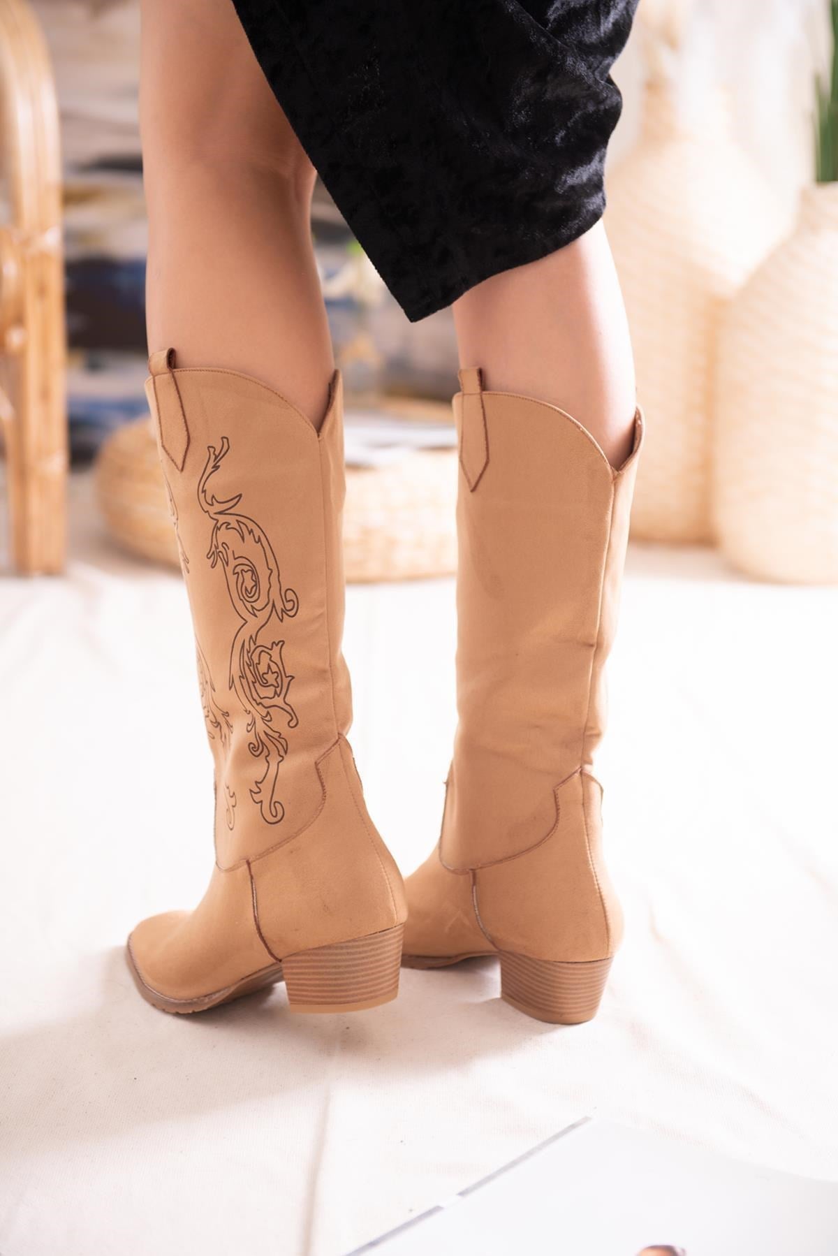Erin – Cognac Suede Laser-Cut Western Knee-High Boot (Women)