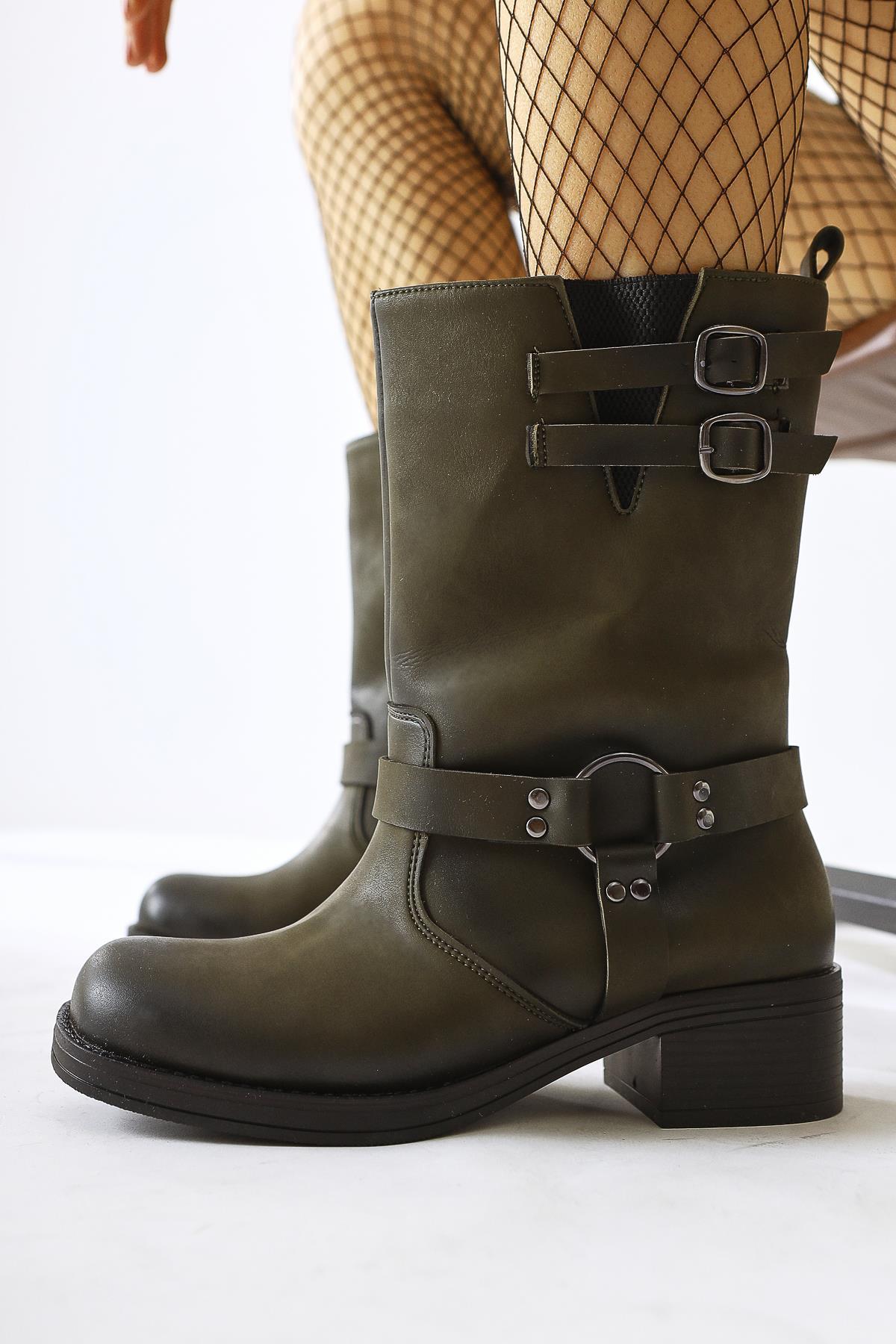 Maggie – Olive Buckle-Detail Elasticized Long Pull-On Boot (Women)