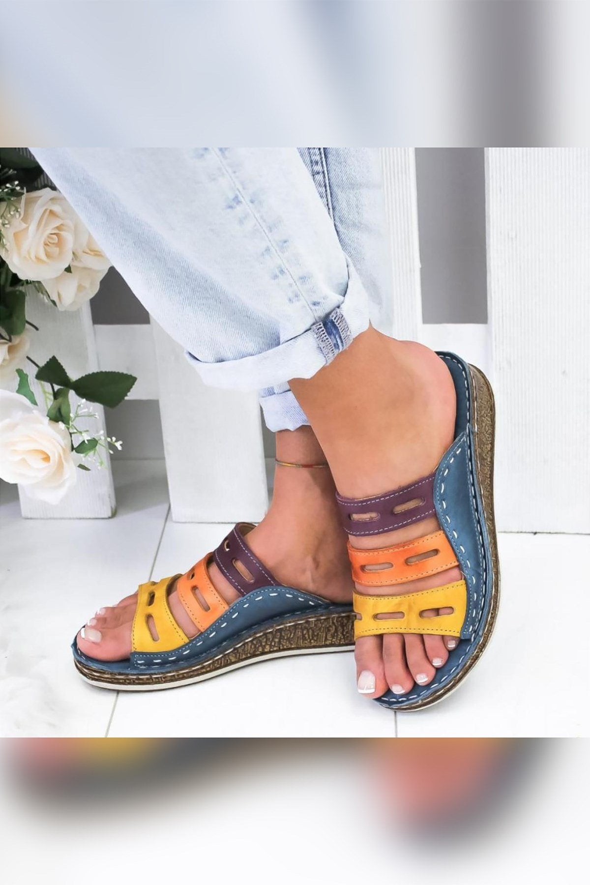 Joelle – Genuine Leather Denim Blue Purple Orange Mustard Laser-Cut Slide (Women)
